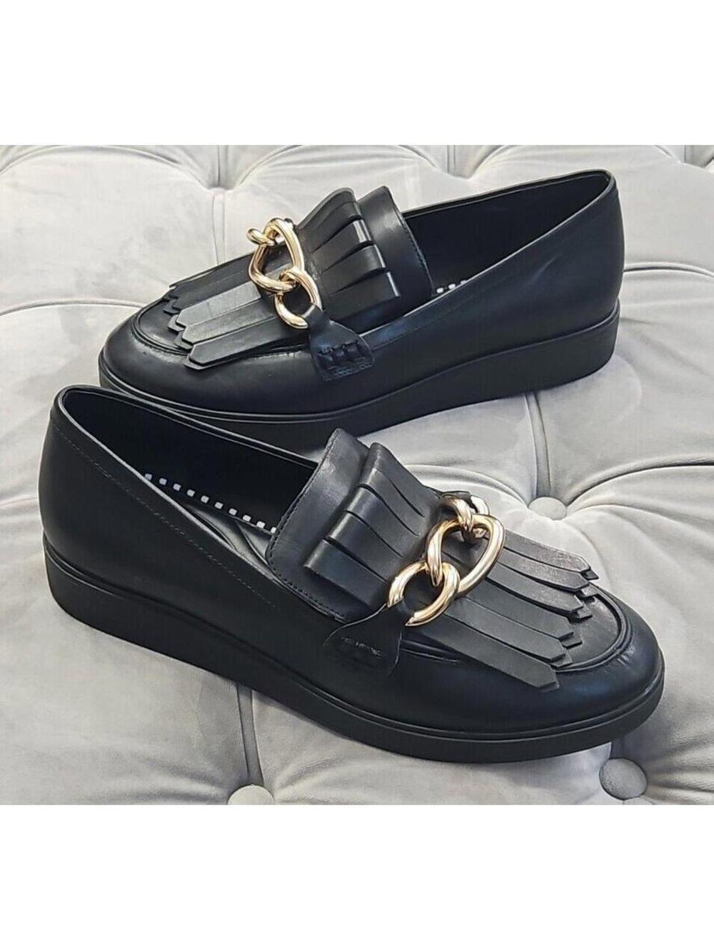 Antonio Melani Black Leather Loafers Gold Chain Fringe Chunky Womens Shoes 9.5 M